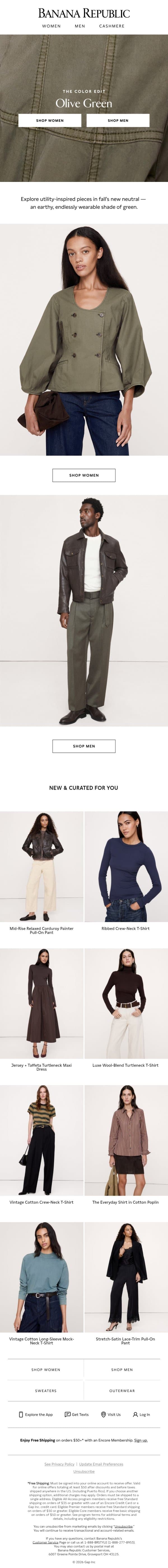 Fall must-haves in olive green email from Banana Republic screenshot