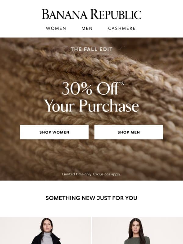Last day: 30% off* your purchase email from Banana Republic