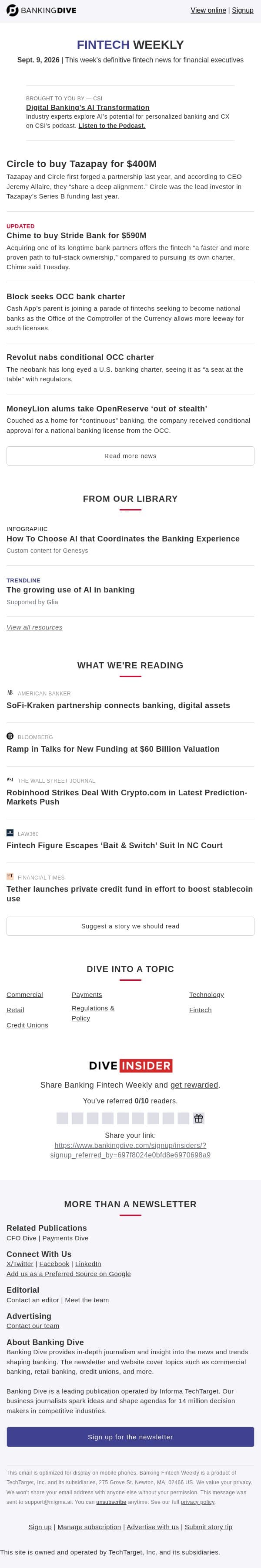 Sept. 9 - Circle to buy Tazapay for $400M | Chime finds another charter path email from Banking Dive screenshot