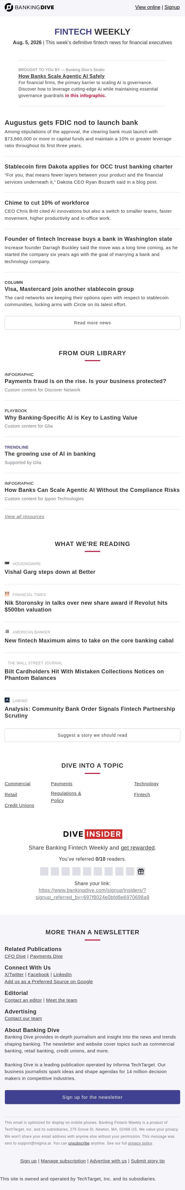 Aug. 5 - Augustus gets FDIC nod | Stablecoin firm Dakota eyes OCC charter email from Banking Dive screenshot