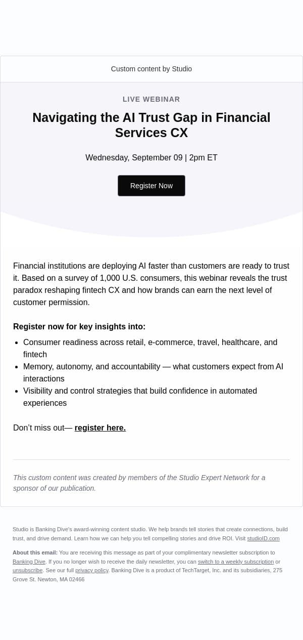 What fintech customers really think about AI-powered CX email from Banking Dive screenshot