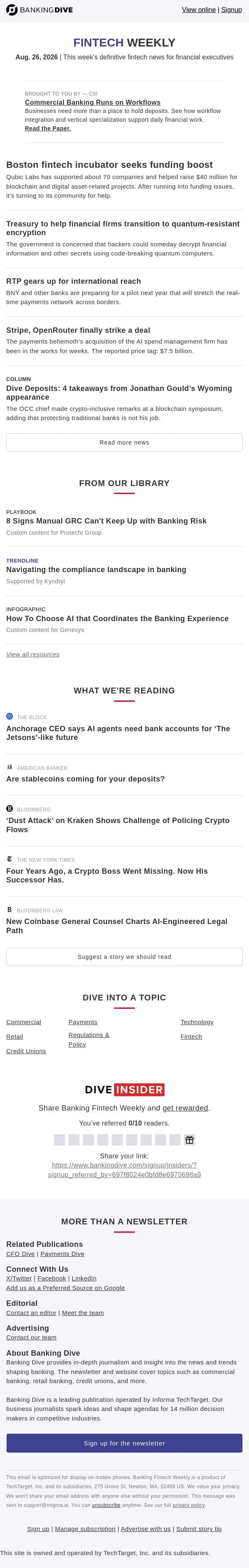 Aug. 26 - Fintech incubator hits funding snafu | Treasury debuts anti-hacking task force email from Banking Dive screenshot