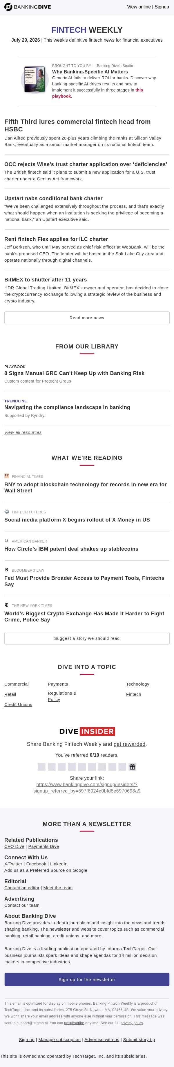 July 29 - Fifth Third lands HSBC fintech exec | Wise, Upstart see charter divide email from Banking Dive screenshot