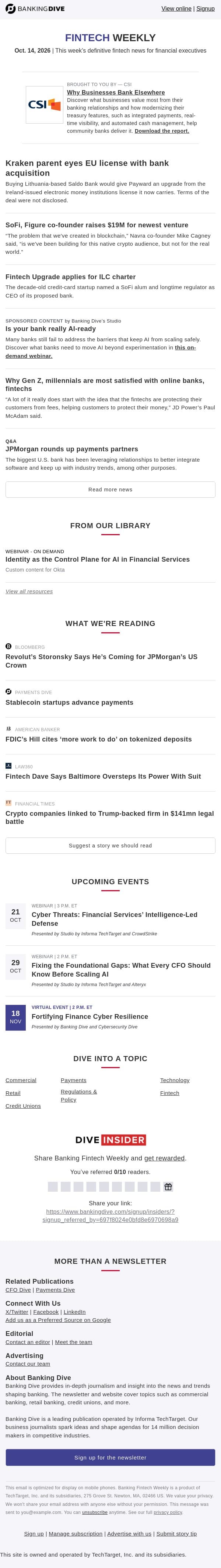 Oct. 14 - Kraken to buy EU bank | SoFi co-founder raises $19M for Navra email from Banking Dive screenshot