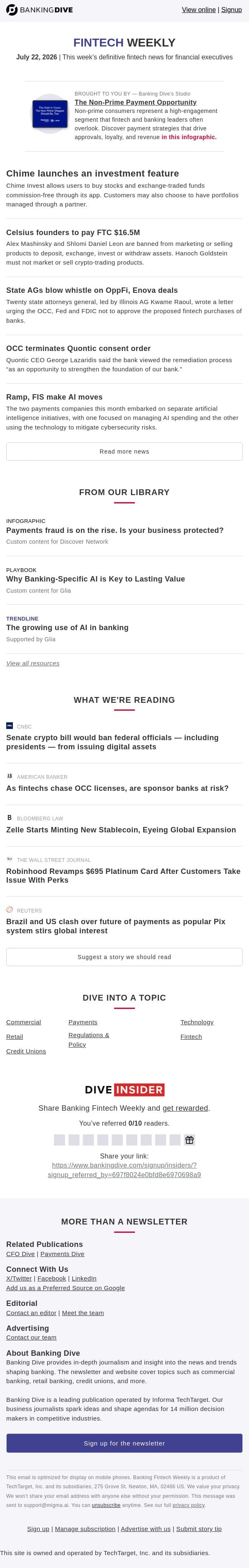 July 22 - Chime dives into investing | Celsius founders fined by FTC email from Banking Dive screenshot