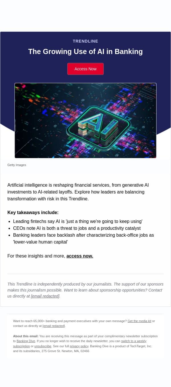 How Banks Are Navigating AI Transformation email from Banking Dive screenshot