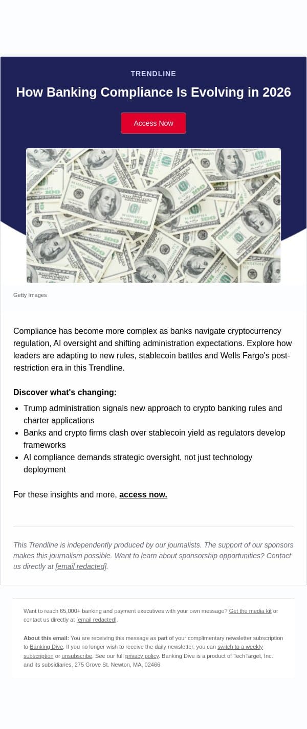 Banking compliance in the crypto and AI era email from Banking Dive screenshot