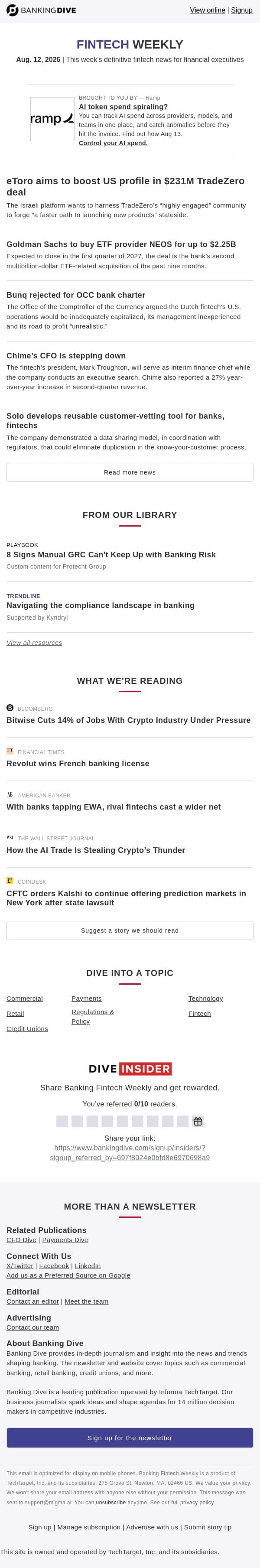 Aug. 12 - eToro makes a $231M deal | Goldman to buy another ETF firm email from Banking Dive screenshot