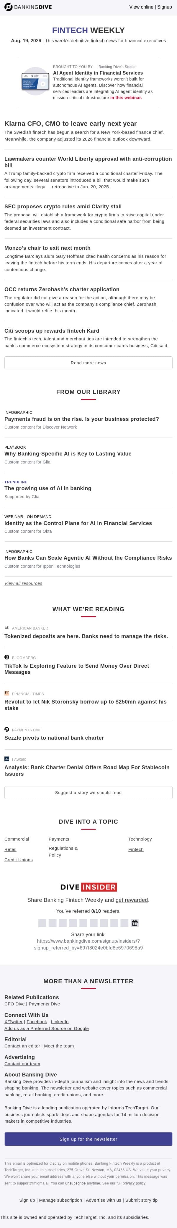 Aug. 19 - Klarna CFO, CMO to leave | World Liberty approval gets backlash email from Banking Dive screenshot