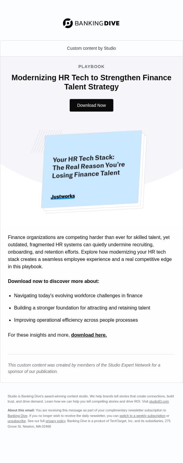 Is Your HR Tech Costing You Talent? email from Banking Dive screenshot