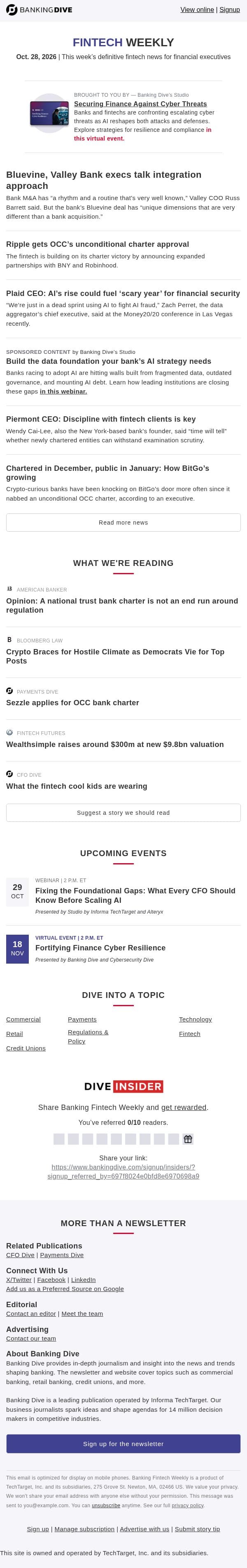 Oct. 28 - Bluevine, Valley Bank execs talk integration | Ripple gets full OCC charter email from Banking Dive screenshot