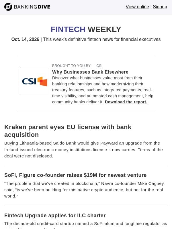 Oct. 14 - Kraken to buy EU bank | SoFi co-founder raises $19M for Navra email from Banking Dive
