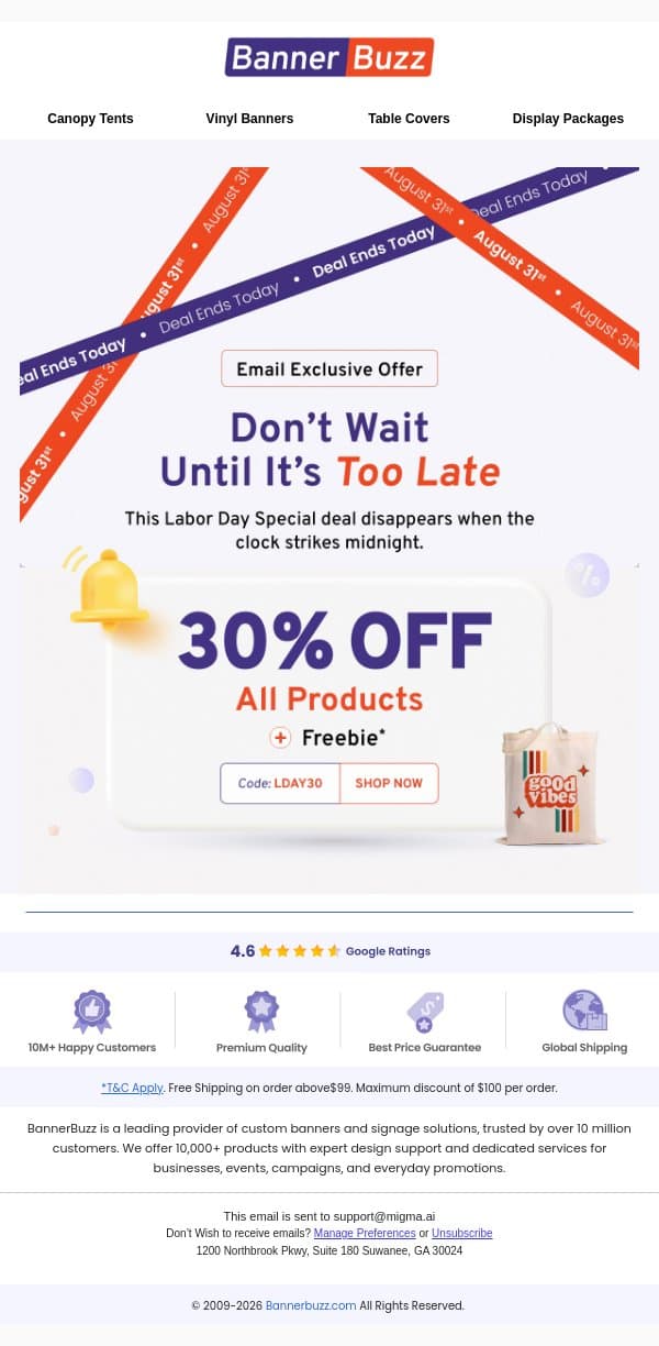 30% OFF Sitewide - Only for 31st August email from Bannerbuzz screenshot