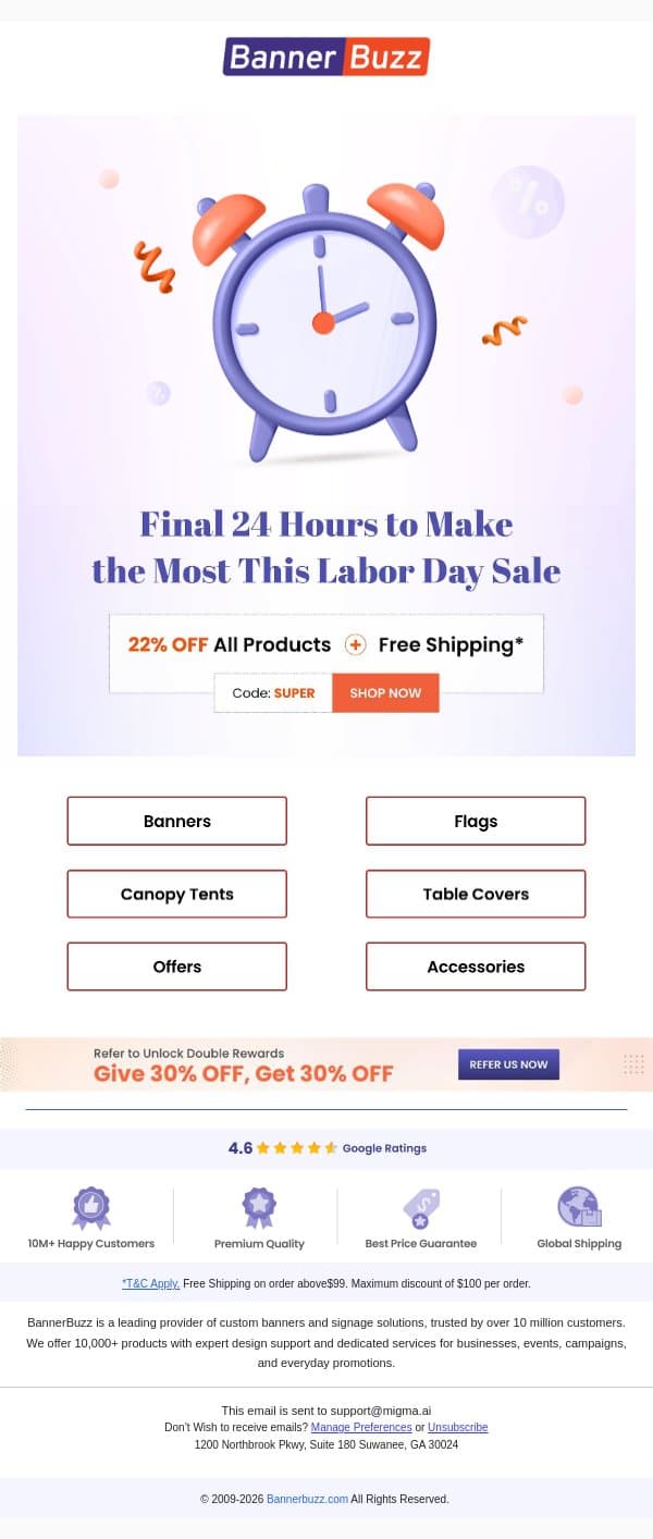 Final Hours Only β 22% OFF Everything π¨ email from Bannerbuzz screenshot