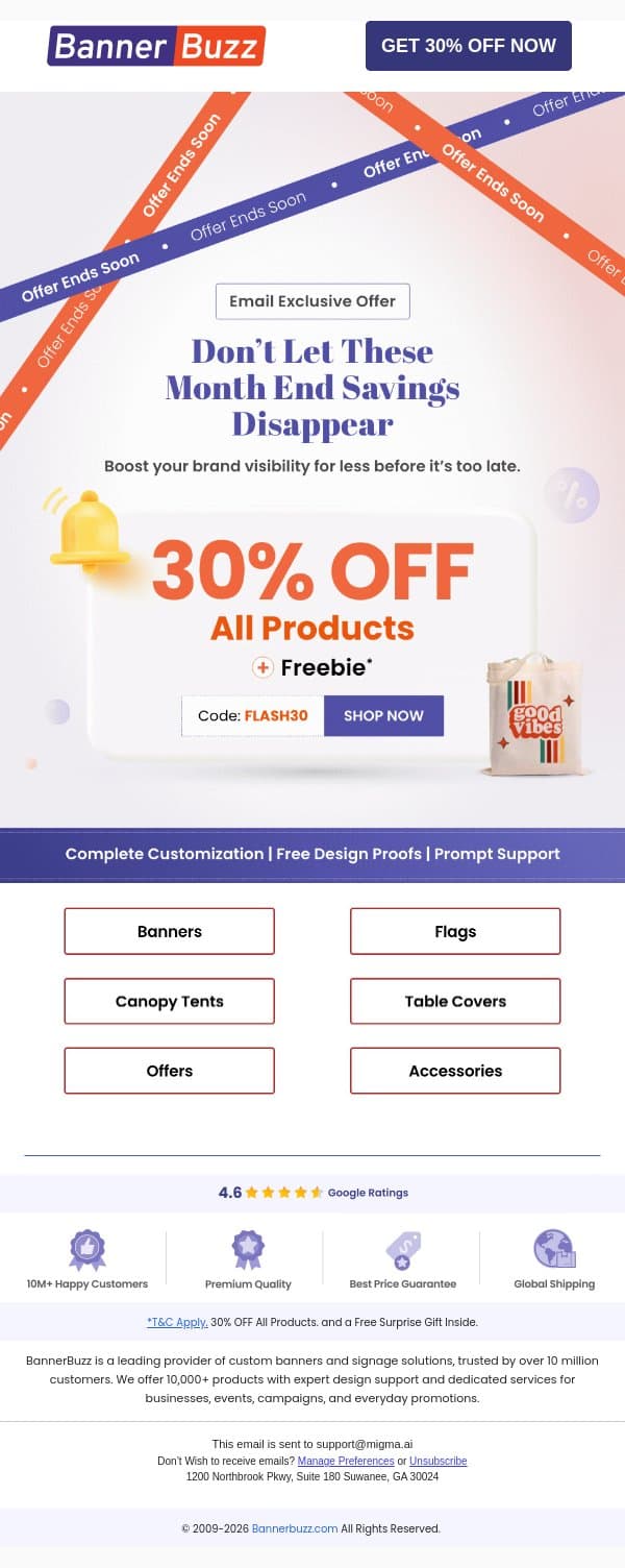 Members only deal: 30% OFF + FREE Surprise Gift inside email from Bannerbuzz screenshot