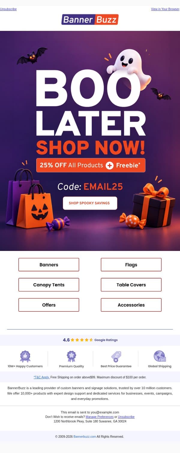 🏮Your Spooky Treat: 25% OFF Promotions email from Bannerbuzz screenshot