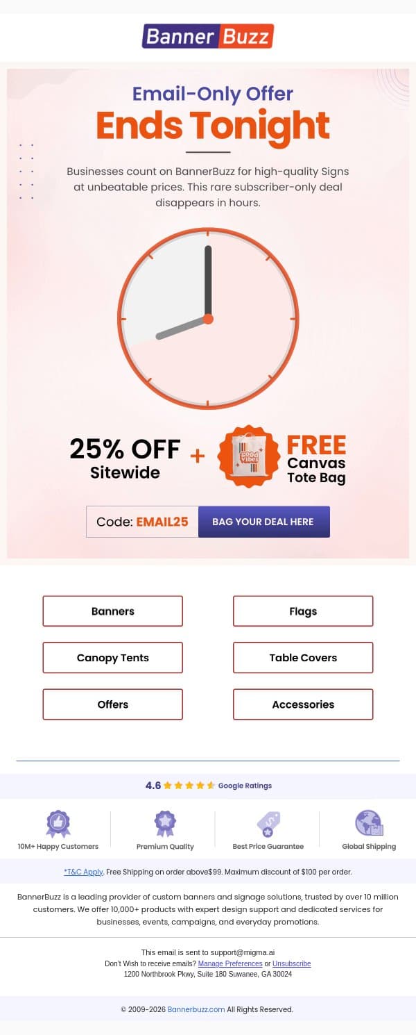 ⏰ 24 Hours Left: 25% OFF Everything 📢 email from Bannerbuzz screenshot