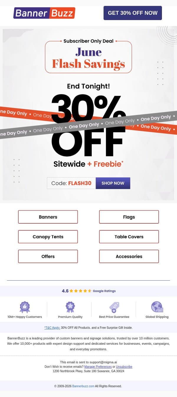 30% OFF Sitewide - Only for 30th June email from Bannerbuzz screenshot