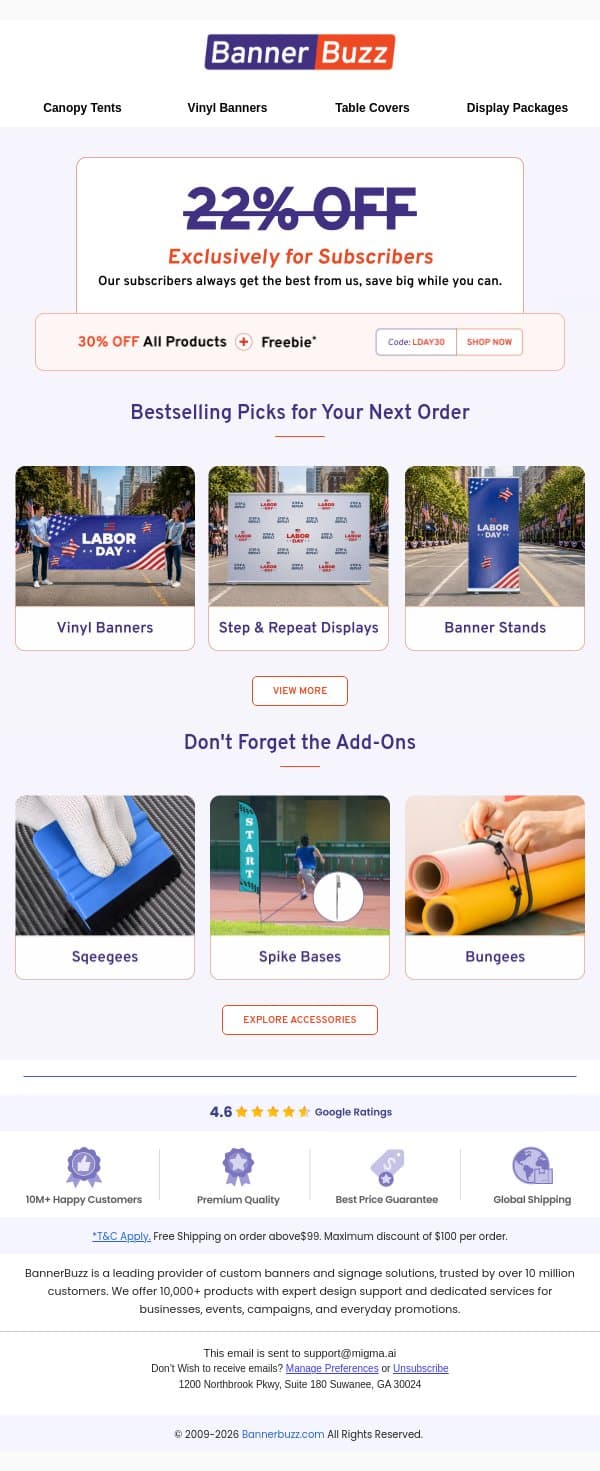 30% OFF Sitewide - Only for Today email from Bannerbuzz screenshot
