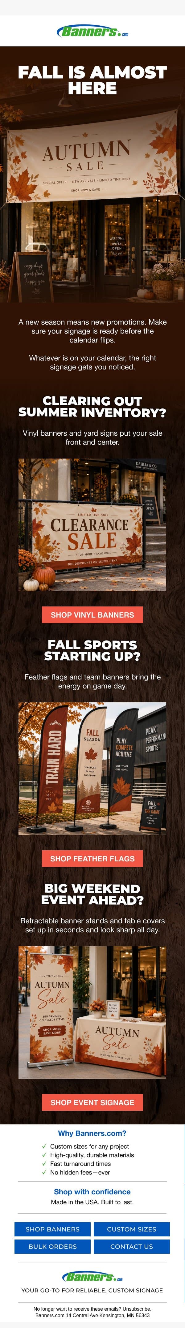 Fall is almost here. Is your signage ready? π email from Banners.com screenshot