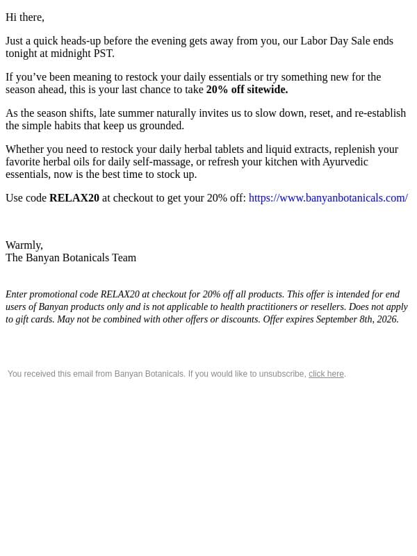 Final hours: 20% off ends at midnight 🌿 email from Banyan Botanicals