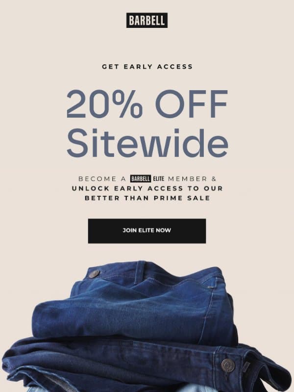 GET EARLY ACCESS | 20% Off Sitewide email from Barbell Apparel