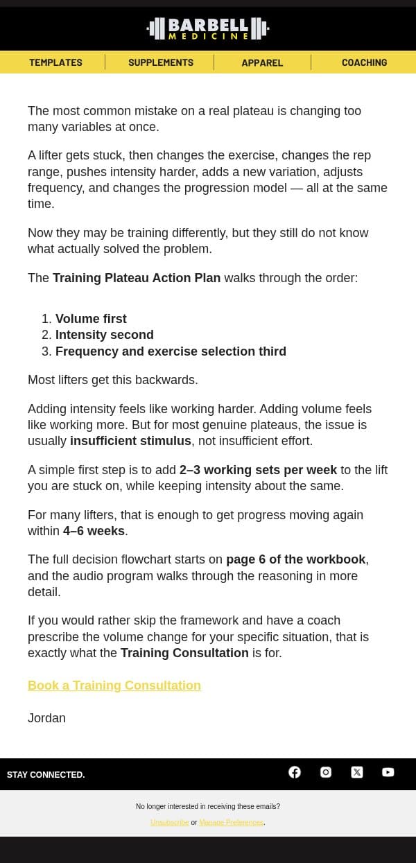 The order matters more than the variable email from Barbell Medicine screenshot