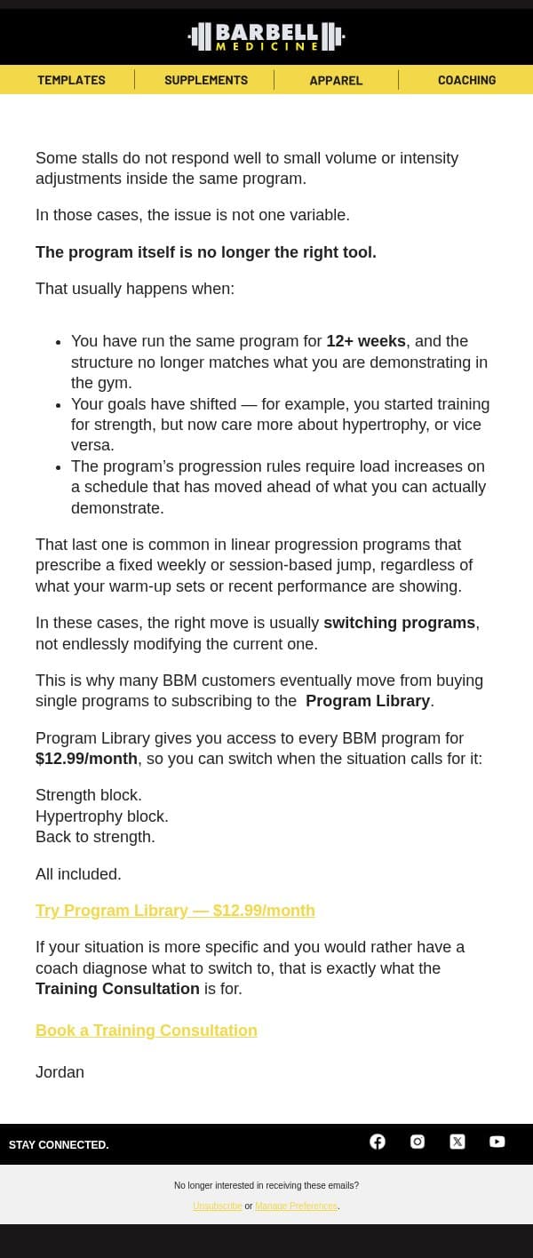 When volume and intensity are not the answer email from Barbell Medicine screenshot