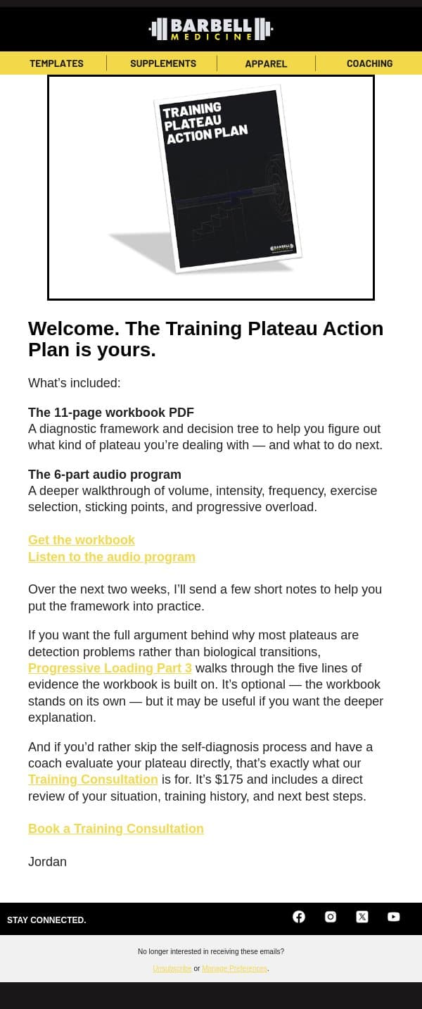 Your Training Plan Action Plan (Here It Is!) email from Barbell Medicine screenshot