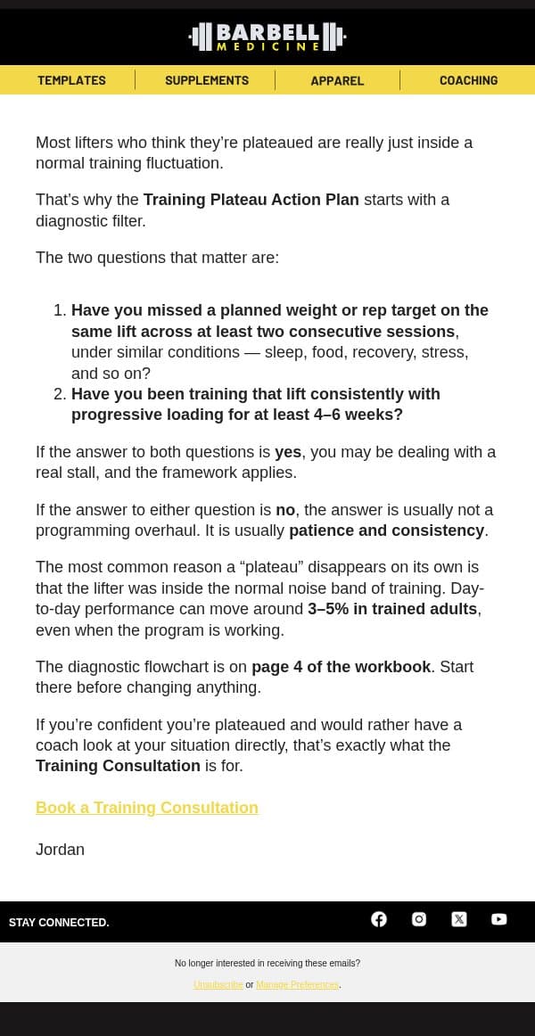 Are you actually plateaued? email from Barbell Medicine screenshot