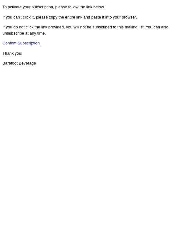 Click to confirm your subscription email from Barefoot Beverage Co screenshot