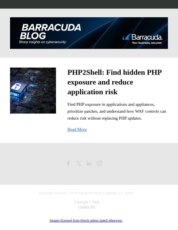 PHP2Shell: Find hidden PHP exposure and reduce application risk email from Barracuda screenshot