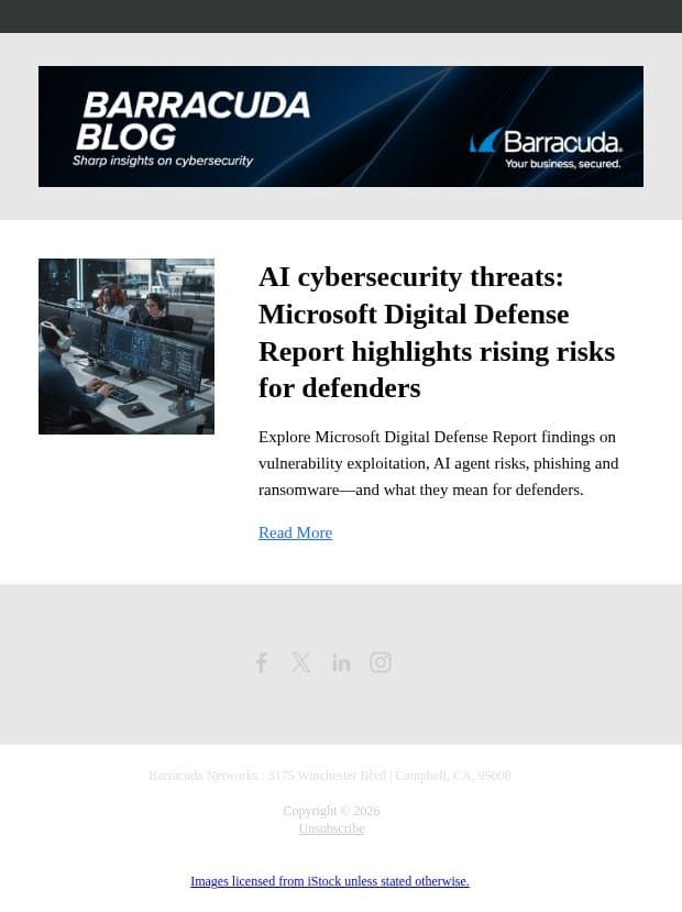 AI cybersecurity threats: Microsoft Digital Defense Report highlights rising risks for defenders email from Barracuda screenshot