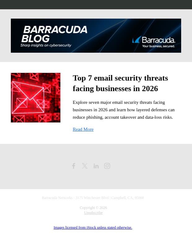 Top 7 email security threats facing businesses in 2026 email from Barracuda screenshot