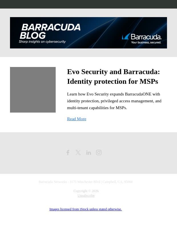 Evo Security and Barracuda: Identity protection for MSPs email from Barracuda screenshot