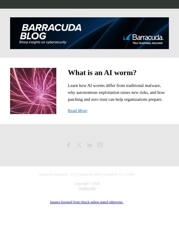 What is an AI worm? email from Barracuda screenshot