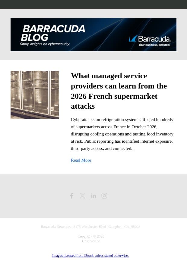What managed service providers can learn from the 2026 French supermarket attacks email from Barracuda screenshot