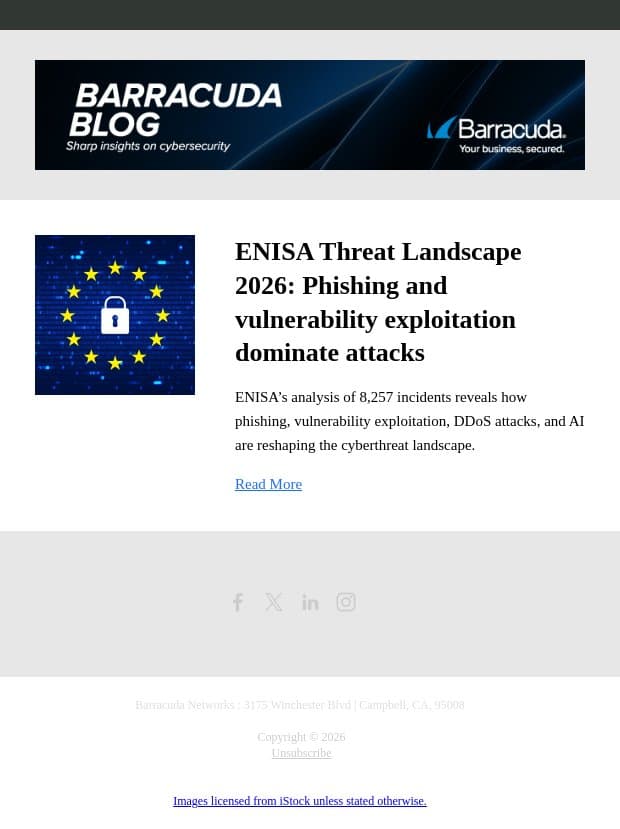 ENISA Threat Landscape 2026: Phishing and vulnerability exploitation dominate attacks email from Barracuda screenshot