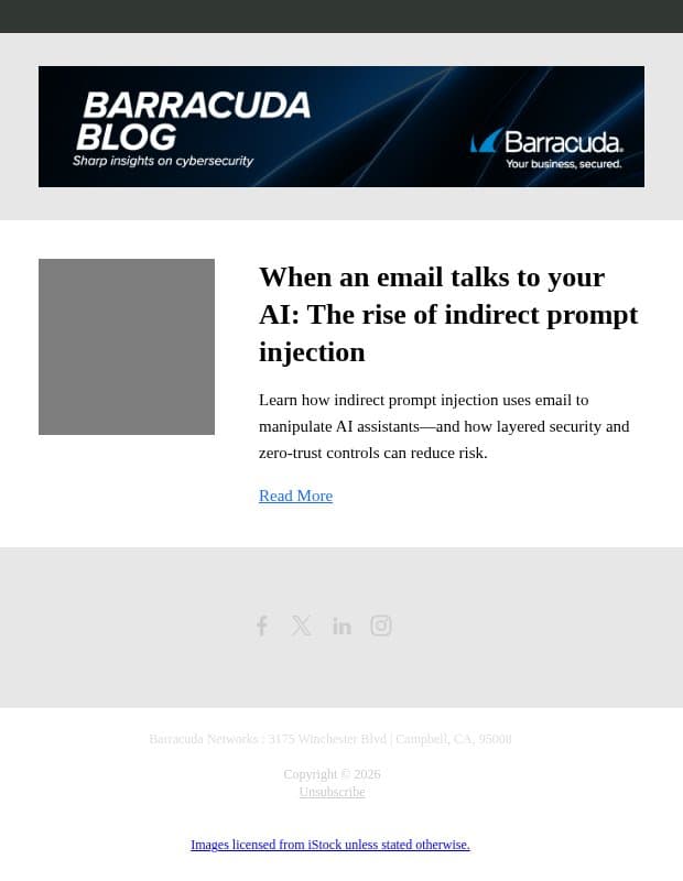 When an email talks to your AI: The rise of indirect prompt injection email from Barracuda screenshot