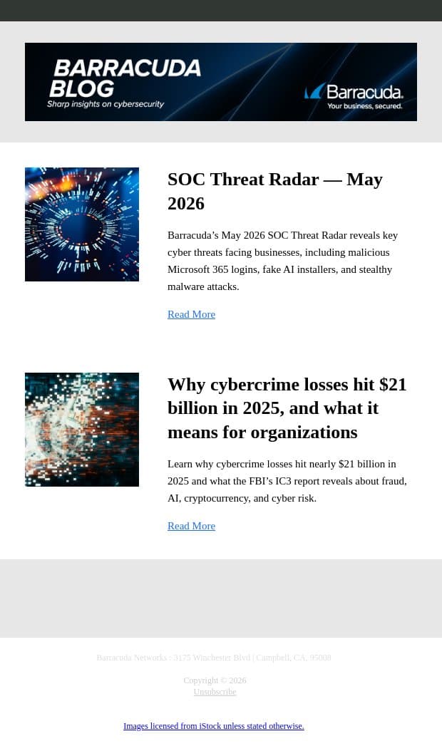SOC Threat Radar — May 2026 email from Barracuda screenshot