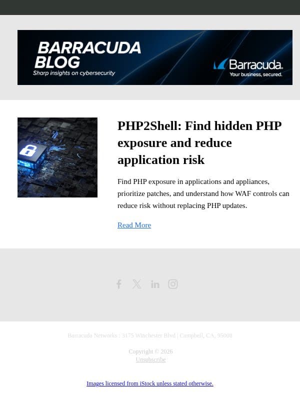 PHP2Shell: Find hidden PHP exposure and reduce application risk email from Barracuda