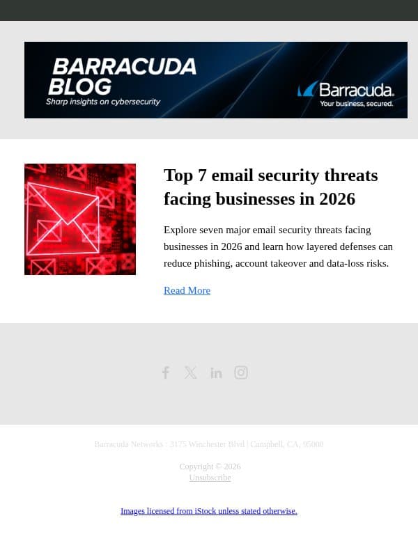 Top 7 email security threats facing businesses in 2026 email from Barracuda