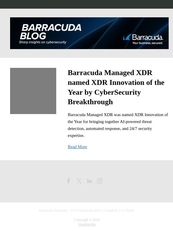 Barracuda Managed XDR named XDR Innovation of the Year by CyberSecurity Breakthrough email from Barracuda