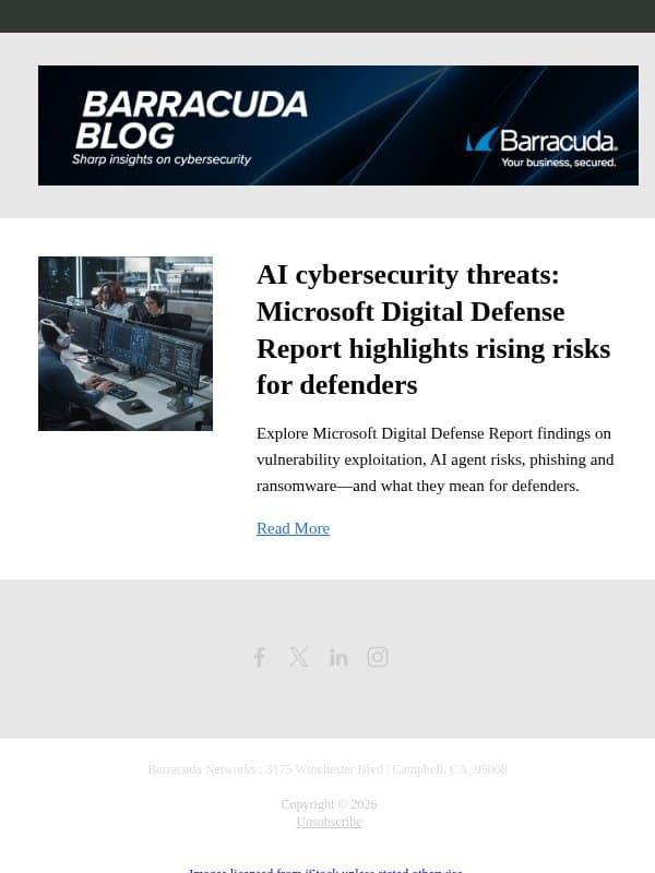 AI cybersecurity threats: Microsoft Digital Defense Report highlights rising risks for defenders email from Barracuda