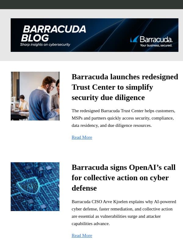 Barracuda launches redesigned Trust Center to simplify security due diligence email from Barracuda