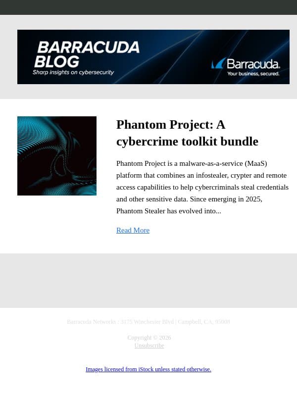 Phantom Project: A cybercrime toolkit bundle email from Barracuda