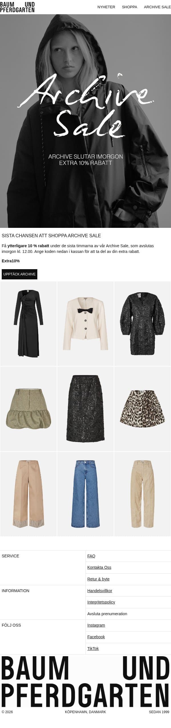 ARCHIVE SALE SLUTAR IMORGON: EXTRA 10 % RABATT email from Baum und Pferdgarten screenshot