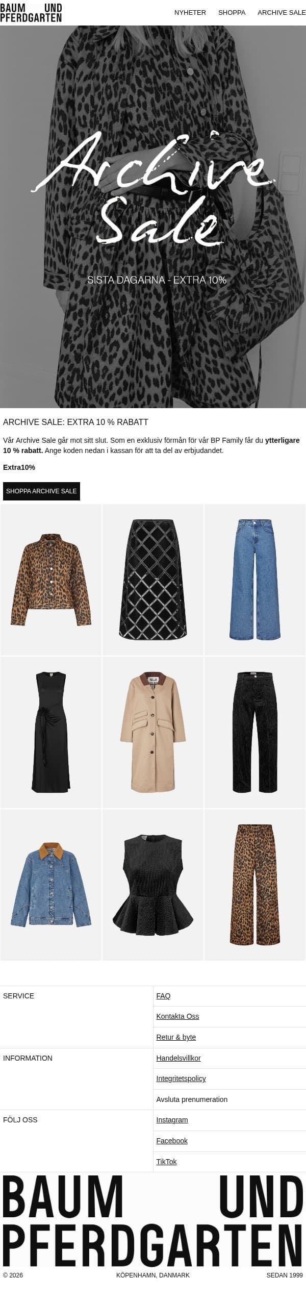 EXTRA 10 % RABATT – SISTA DAGARNA AV ARCHIVE SALE email from Baum und Pferdgarten screenshot