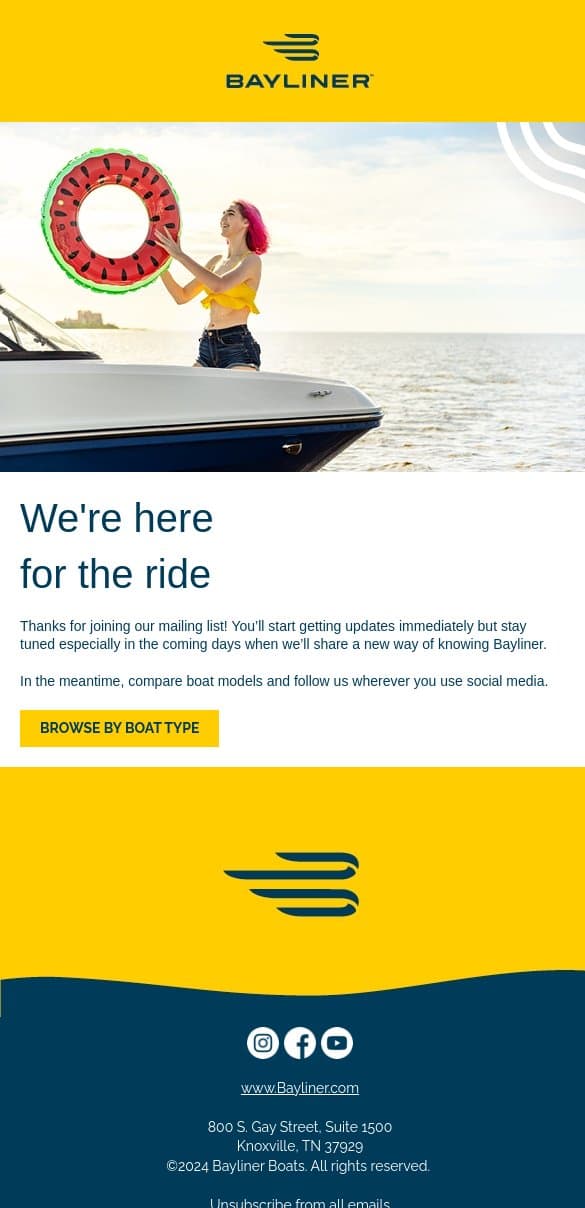 We’re so happy you’re here email from Bayliner screenshot