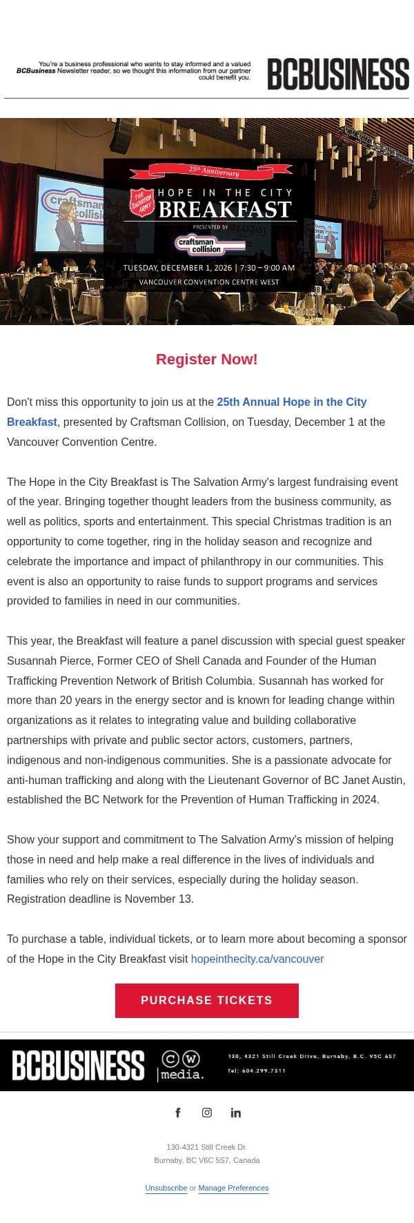 Get Your Tickets for the 25th Anniversary this Christmas! email from BC Business screenshot
